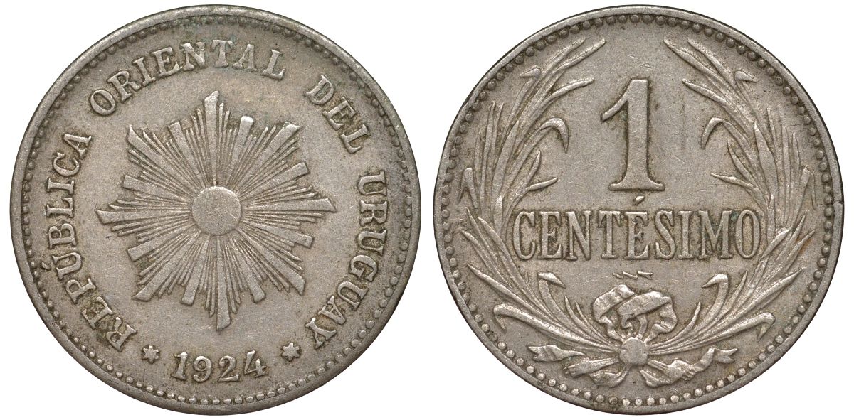 Уругвай 1 сентесимо 1924 KM 19 медно-никель 4181-341