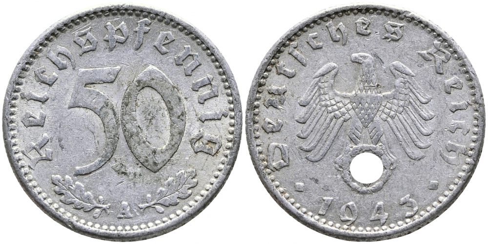ГЕРМАНИЯ 50 РЕЙХСПФЕННИГОВ 1943 A KM 96, J 372 алюминий 4525-1214