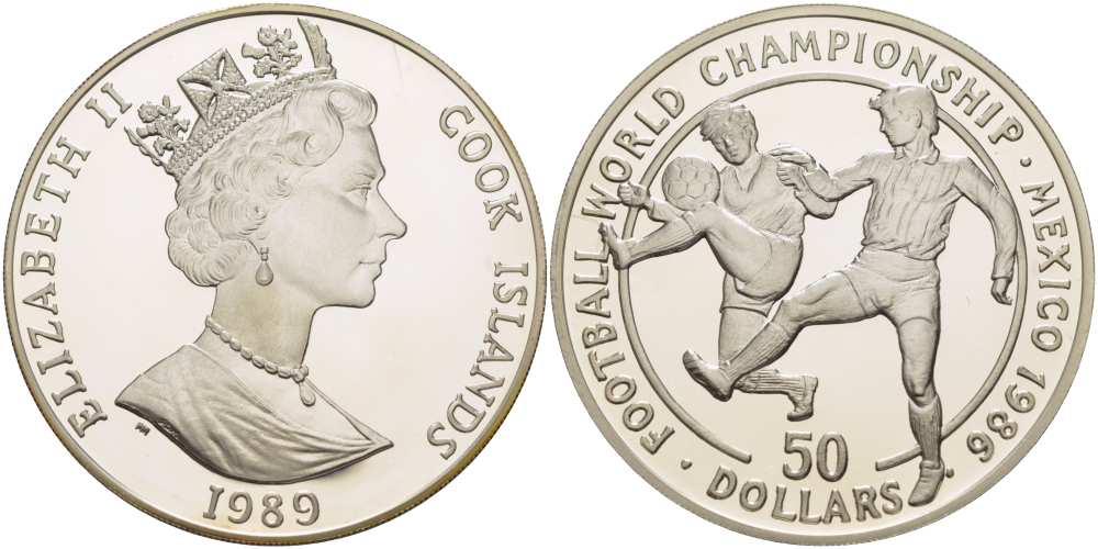 Острова Кука 50 долларов 1989 чемпионат мира по футболу в Мексике 1986 года, два игрока KM 70 серебро PROOF 1069-10-13