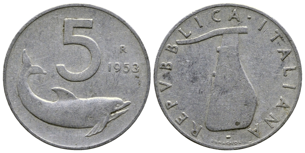 Италия 5 лир 1953 R, дельфин, плуг KM 92 алюминий 4609-369