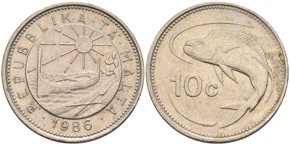 Мальта 10 центов 1986 золотая макрель KM 76 медно-никель 4588-157