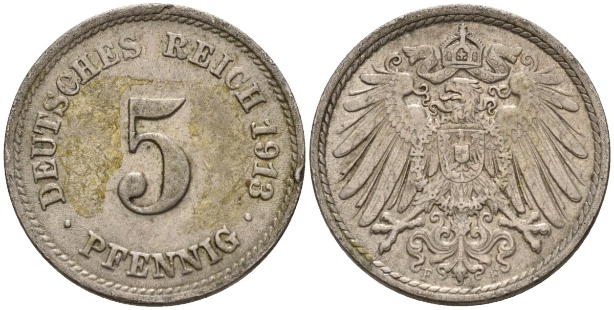 Германия 5 пфеннигов 1913 F KM 11, J. 12 медно-никель 4596-519