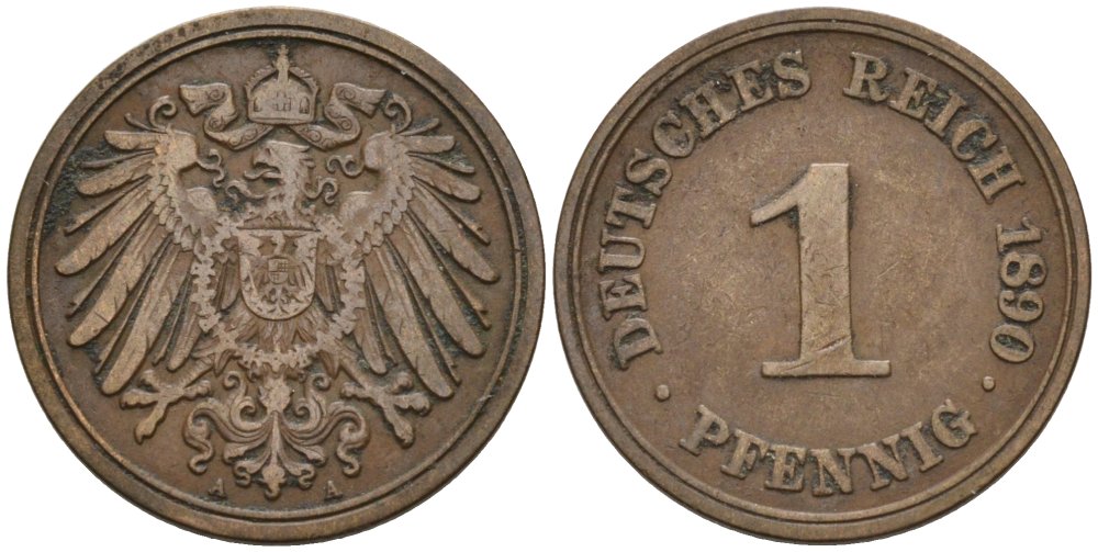 Германия 1 пфенниг 1890 A KM 10, J. 10 медь 4567-811
