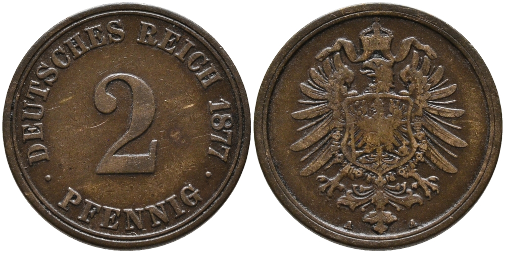 ГЕРМАНИЯ 2 ПФЕННИГА 1877 А, СТАРОГЕРБОВКА KM 2, J.2 медь 4110-1737