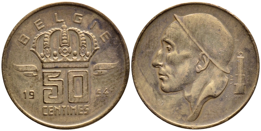 БЕЛЬГИЯ 50 САНТИМОВ 1954 BELGIE KM 145 бронза 4392-763