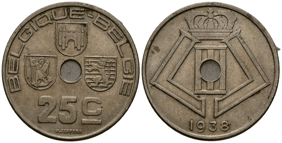 Бельгия 25 сантимов 1938 Belgique - Belgie KM 114 никель латунь 4583-445