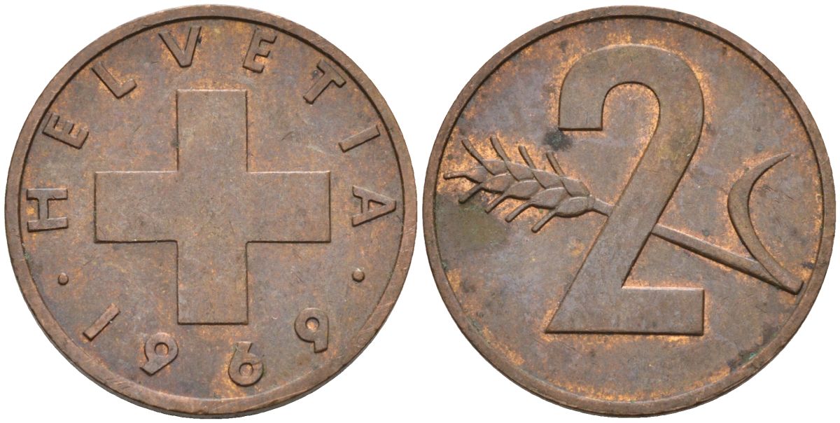 Швейцария 2 раппена 1969 KM 47 бронза 4561-353