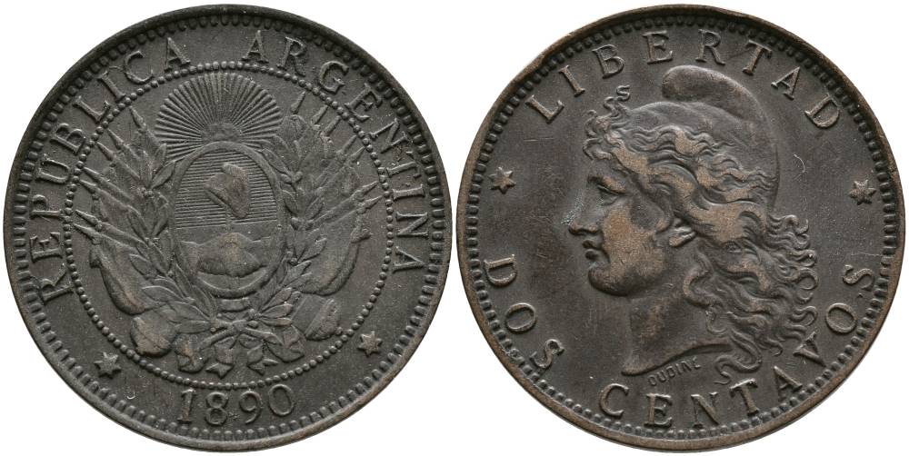 Аргентина 2 сентаво 1890 голова свободы влево KM 8 бронза 4531-931