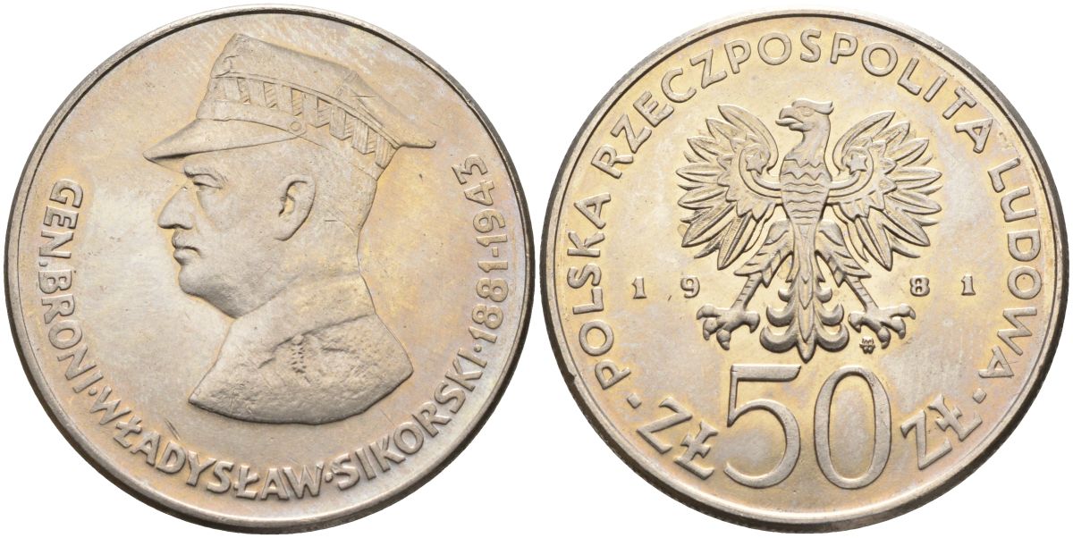 Польша 50 злотых 1981 MW, военачальники Второй мировой войны - Владислав Сикорский Y 122 медно-никель 88-641