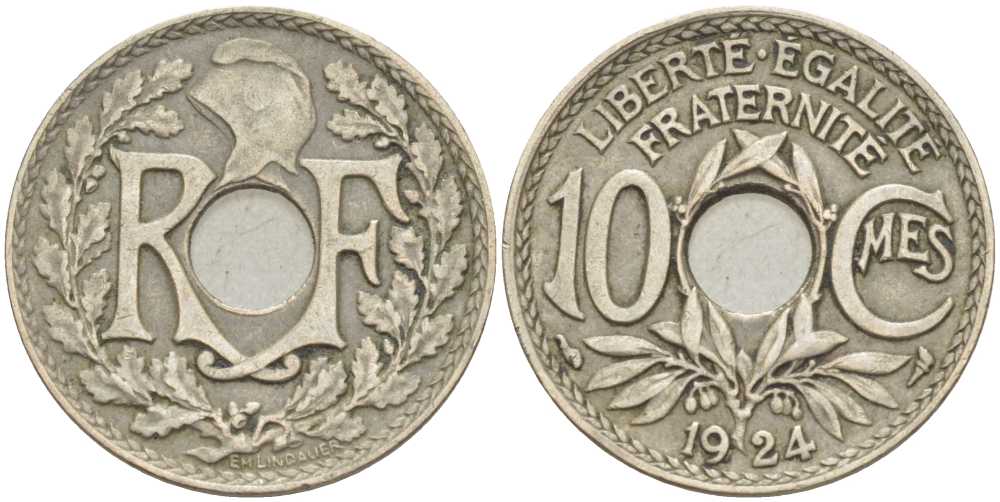 ФРАНЦИЯ 10 САНТИМОВ 1924 ТИП ЛИНДАЙЁ KM 866а, LE FRANC 138.10 медно-никель 212-855