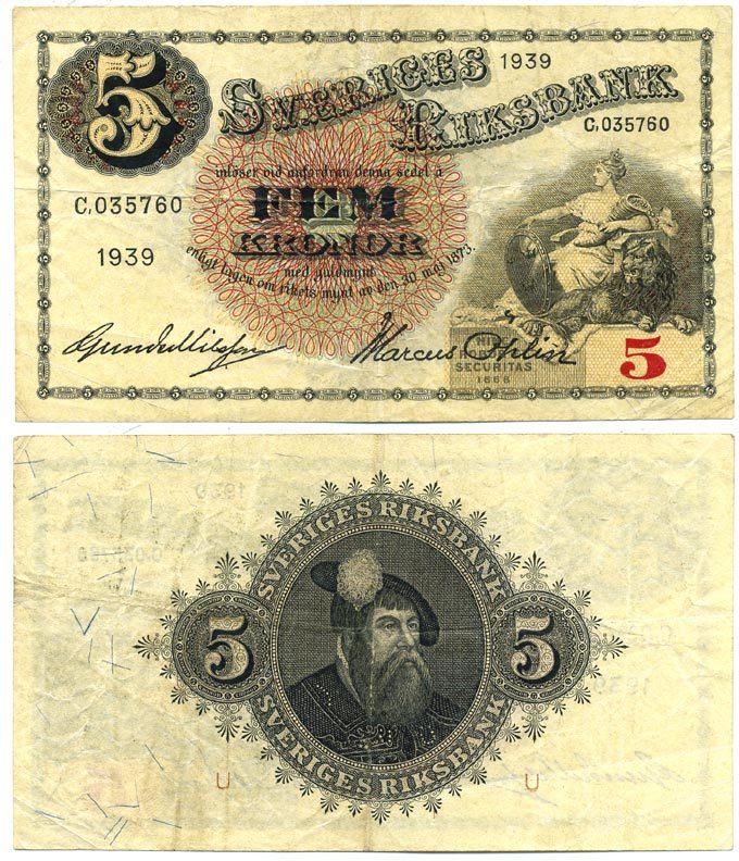 Швеция 5 крон 1939 король Густав I Pick 33v бумага 7221-3-2-1