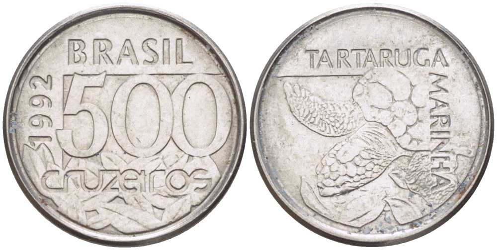 Бразилия 500 крузейро 1992 морская черепаха KM 624 нержавеющая сталь 4396-942