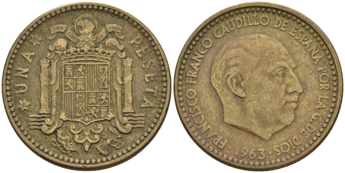 Испания 1 песета 1963 (?) Франсиско Франко (1939-1975) KM 775 алюминиевая бронза 3336-731