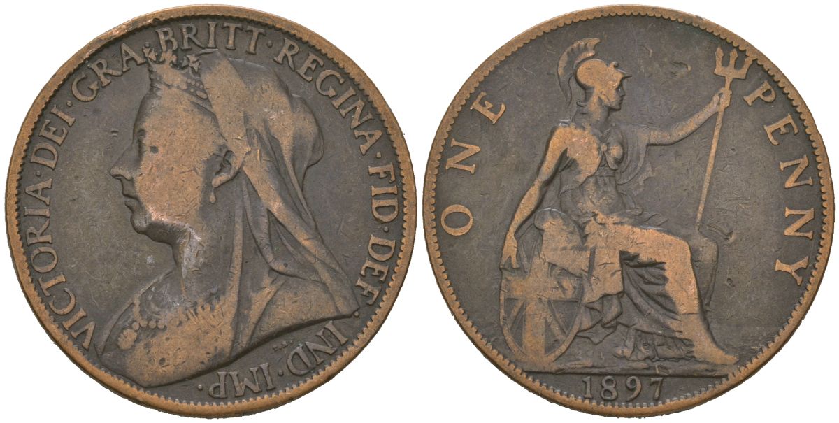 Великобритания 1 пенни 1897 Виктория (1837-1901) KM 790, Spink 3961 бронза 221-144