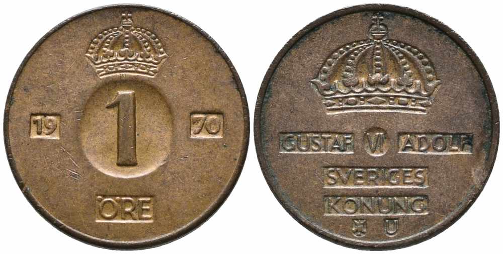 Швеция 1 эре 1970 U Густав VI Адольф (1950-1973) KM 820 бронза 100-1037
