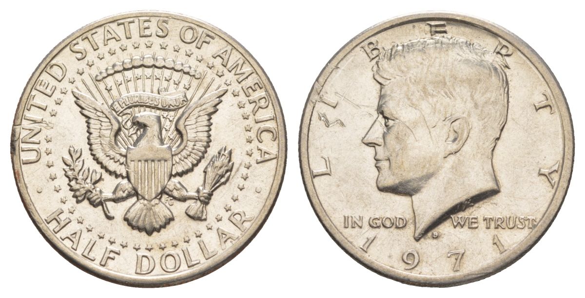 США 1/2 доллара (50 центов) 1971 D, Джон Кеннеди KM 202b медь плакированная медно-никелем aUNC 97-314