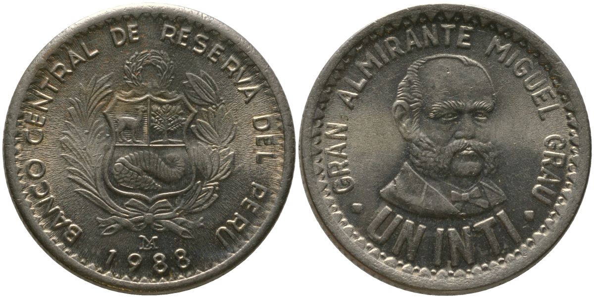 Перу 1 инти 1988 LIMA KM 296, Schon 97 медь цинк никель UNC 4543-132