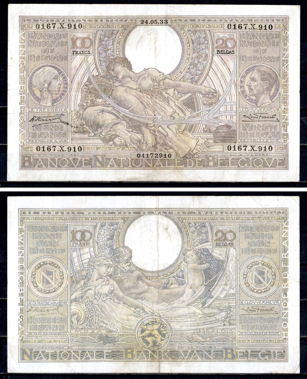 Бельгия 100 франков 1933 Королева Елизавета, король Альберт, аллегорическая женщина ("Сельское хозяйство") Аллегорические фигуры - реки Мозель (Mosa) и Шельда (Scaldis) Pick 107 бумага 6312-65-2-2