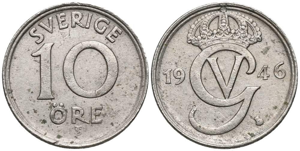 Швеция 10 эре 1946 TS, Густав V (1907-1950 KM 795 никель бронза 4549-1115