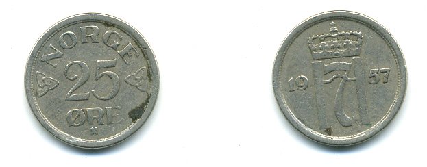 НОРВЕГИЯ 25 ЭРЕ 1957 KM 401 медно-никель 46-2541