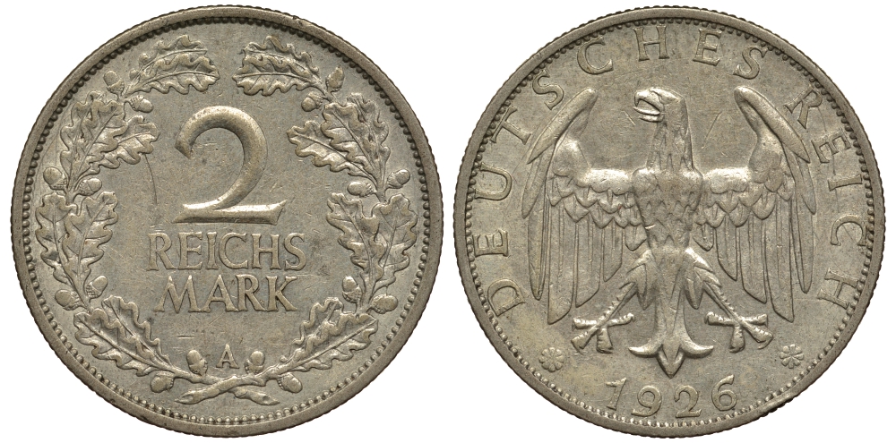 Германия 2 рейхсмарки 1926 A цена по каталогу МТ 25 евро J. 320, KM 45 серебро 00-00
