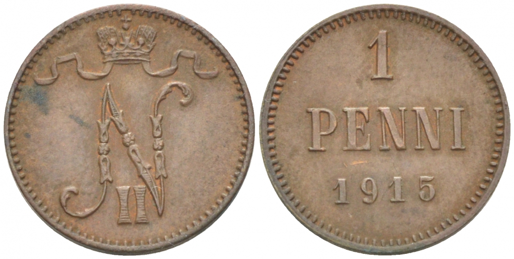 РОССИЯ ДЛЯ ФИНЛЯНДИИ 1 ПЕННИ 1915 НИКОЛАЙ II KM 13, Биткин 475 медь 4396-1454