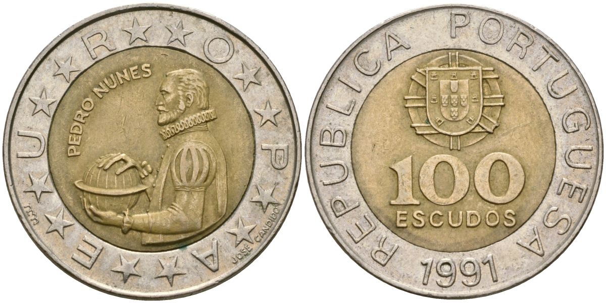 Португалия 100 эскудо 1991 Педру Нуниш (1502-1578), математик KM 645.1 биметалл 4165-346