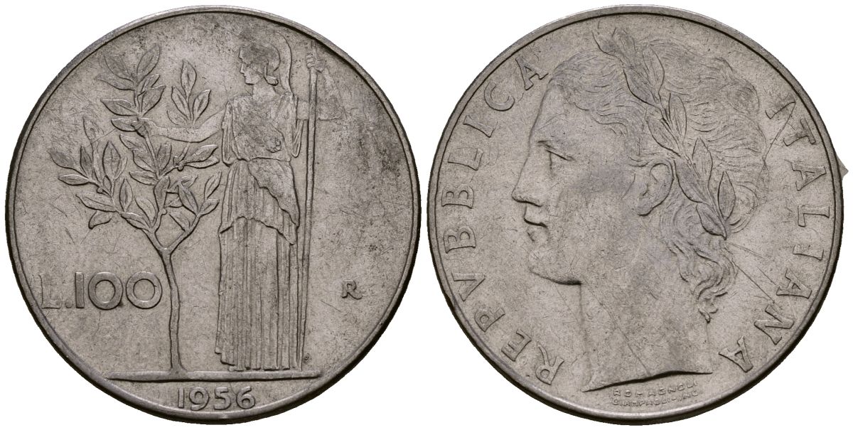 Италия 100 лир 1956 KM 96.1 нержавеющая сталь 4165-1023