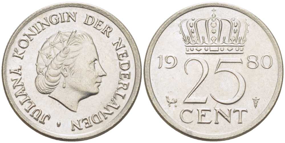 НИДЕРЛАНДЫ 25 ЦЕНТОВ 1980 ЮЛИАНА (1948-1980) KM 183 никель 214-1123