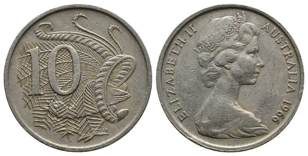 Австралия 10 центов 1966 Елизавета II (1952-), птица лирахвост KM 65 медно-никель 89-1451