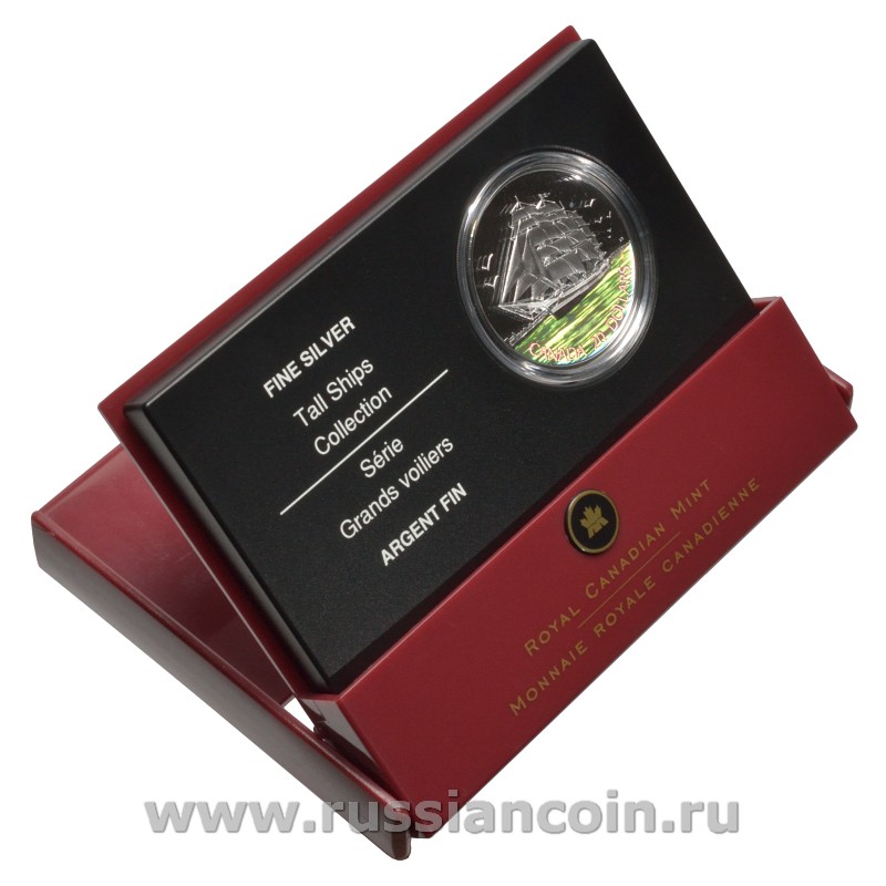 Канада 20 долларов 2005 серия Парусники - трехмачтовый корабль, голограмма, в фирменной коробке с сертификатом KM NEW серебро PROOF 4-3-2-11