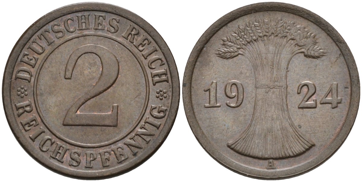 Германия 2 рейхспфеннига 1924 A KM 38, J.314, Weege 4 медь 4584-631