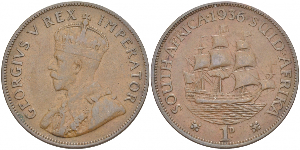 ЮАР 1 ПЕННИ 1936 ПАРУСНИК, ГЕОРГ V KM 14.3 бронза 215-323