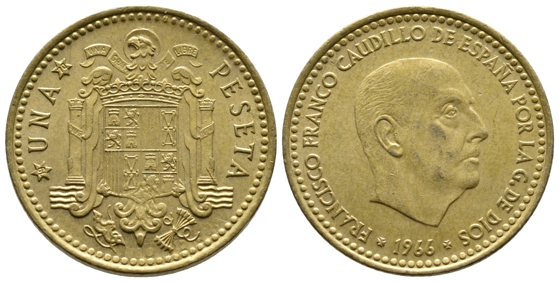 ИСПАНИЯ 1 ПЕСЕТА 1966 (70) ФРАНСИСКО ФРАНКО ДИКТАТОР ИСПАНИИ (1939-1975) КМ 796 алюминиевая бронза 4364-4416