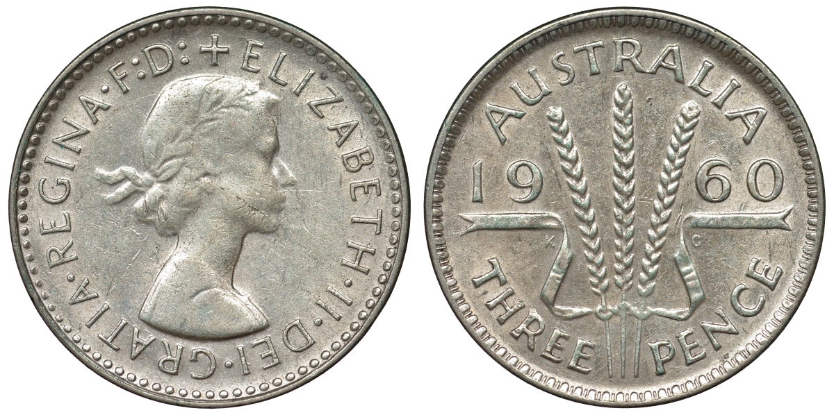 Австралия 3 пенса 1960 m, Елизавета II (1952-2022) KM 57 серебро 71-659