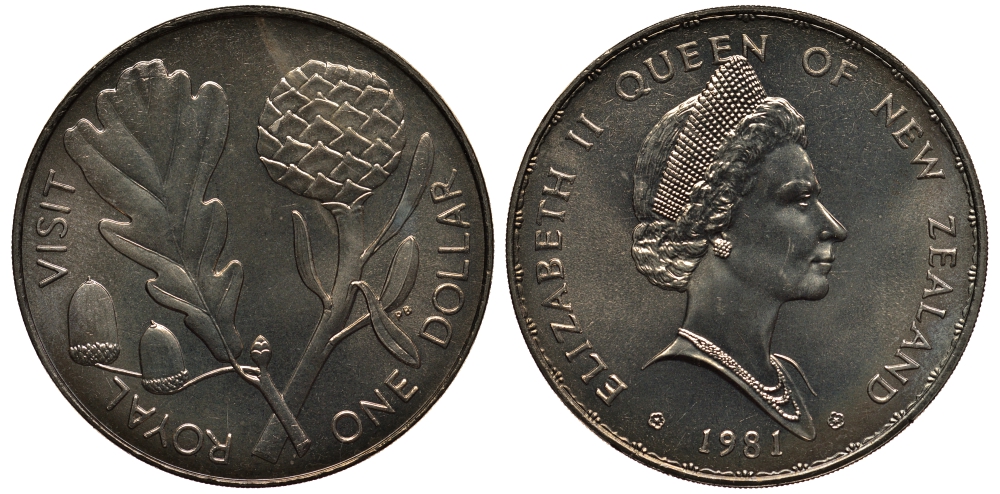 Новая Зеландия 1 доллар 1981 Королевский визит, английский дуб, Елизавета II (1952-2022) KM 50 медно-никель UNC 4537-114