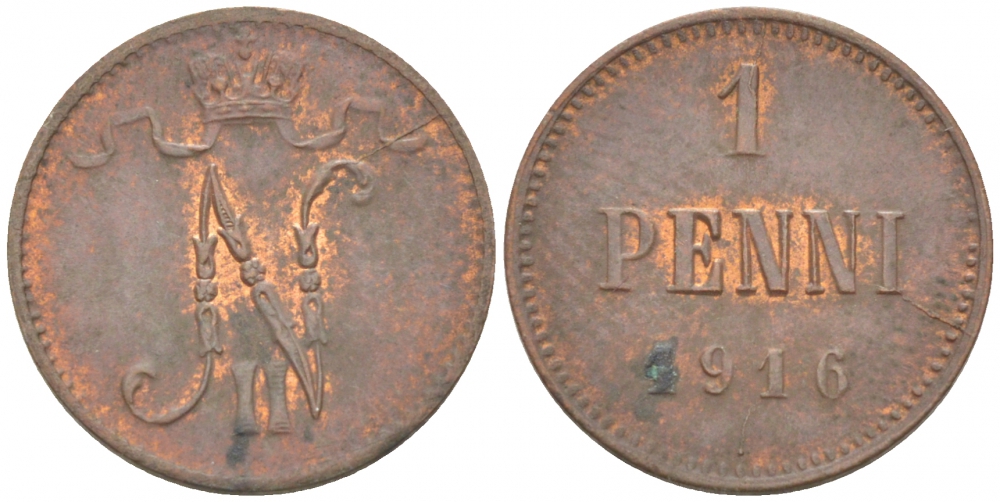 РОССИЯ ДЛЯ ФИНЛЯНДИИ 1 ПЕННИ 1916 НИКОЛАЙ II (1895-1917) KM 13, Биткин 476 медь 211-1016
