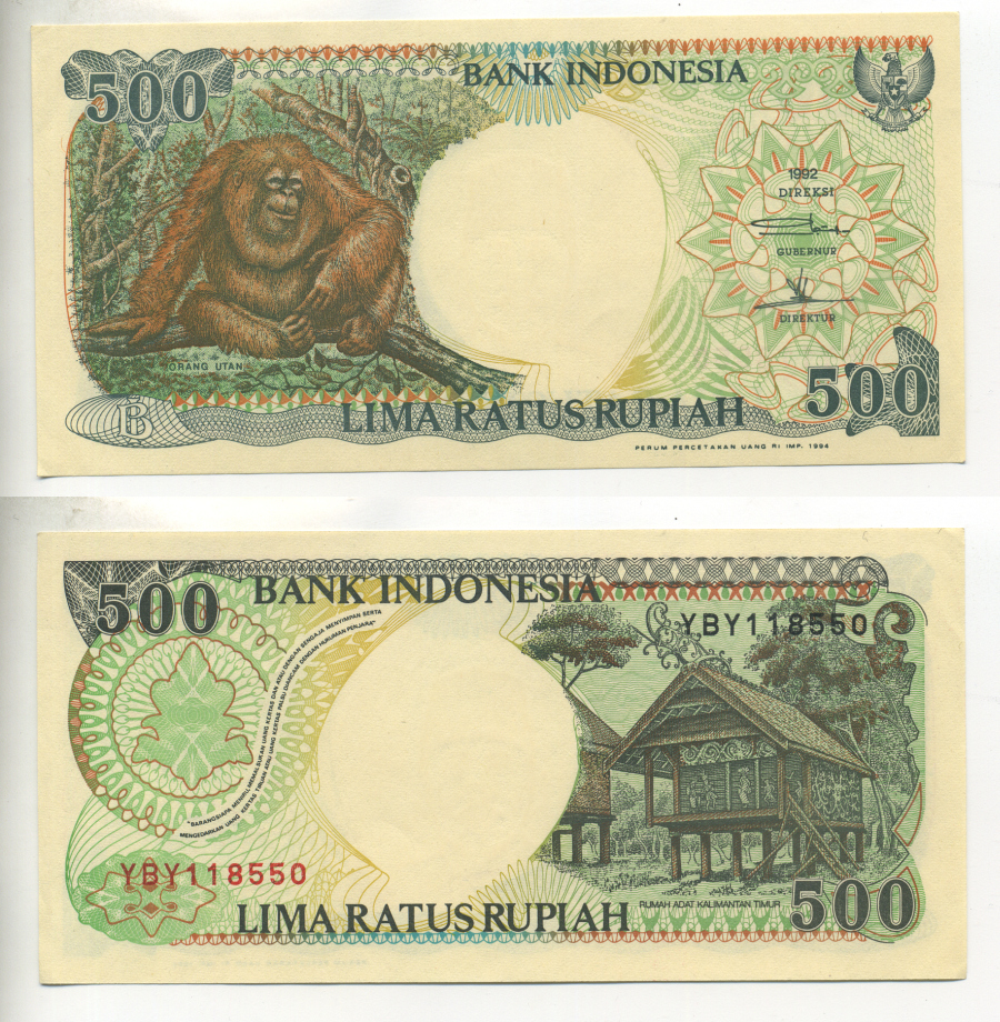 ИНДОНЕЗИЯ 500 РУПИЙ 1992/1994 ОРАНГУТАН, КАЛИМАНТАНСКИЙ ДОМ Pick 128с бумага UNC (ПРЕСС) 7222-11-1