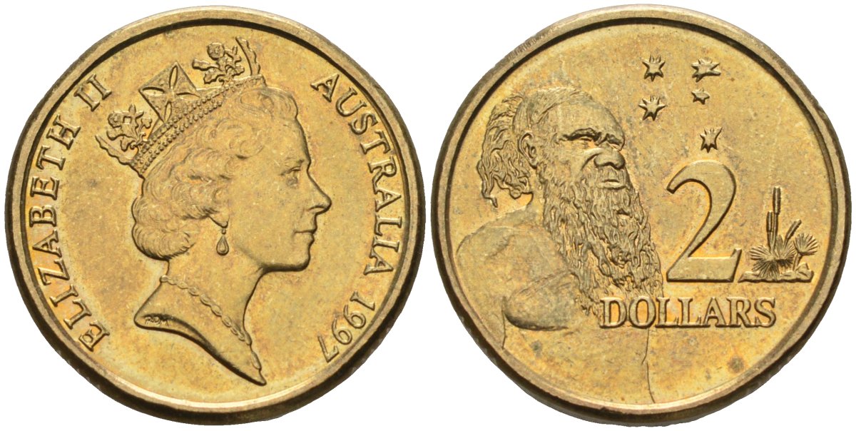 Австралия 2 доллара 1997 абориген, Елизавета II (1953-) KM 101 алюминиевая бронза 4126-1111