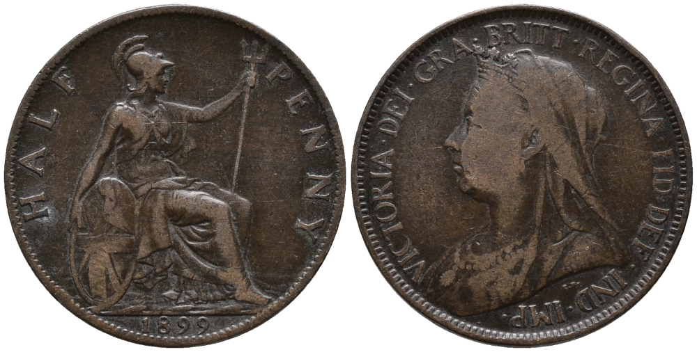 Великобритания 1/2 пенни 1899 Виктория (1837-1901) KM 789, Spink 3962 бронза 34-954