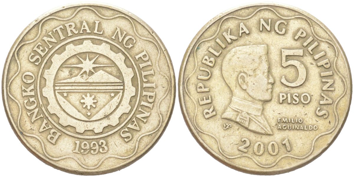 Филиппины 5 писо 2001 KM 272 никель латунь 4122-325