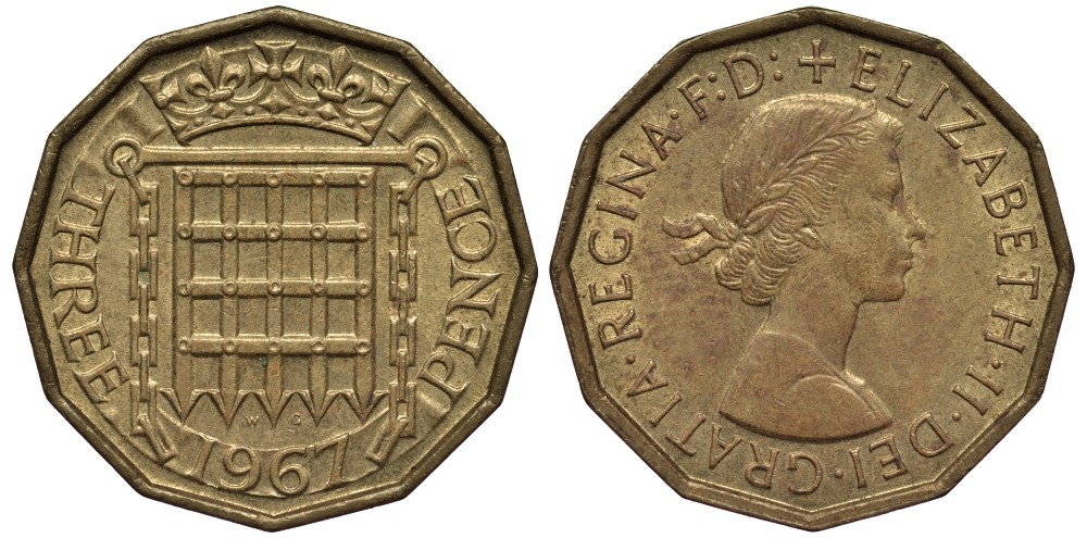 Великобритания 3 пенса 1967 Елизавета II (1952-2022) KM 900, Spink 4153 никель латунь 4538-1142
