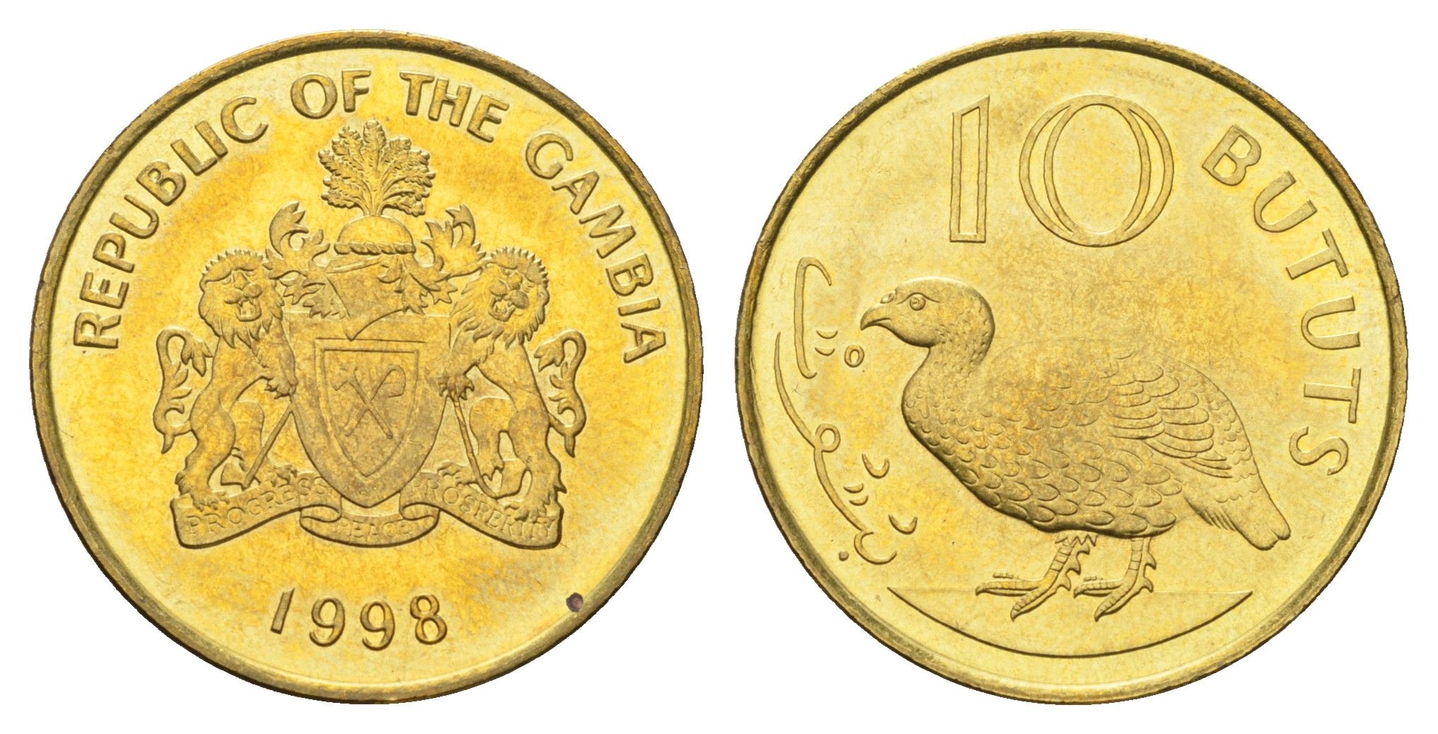Гамбия 10 бутутов 1998 год-тип KM 56 сталь плакированная латунью UNC 4666-452