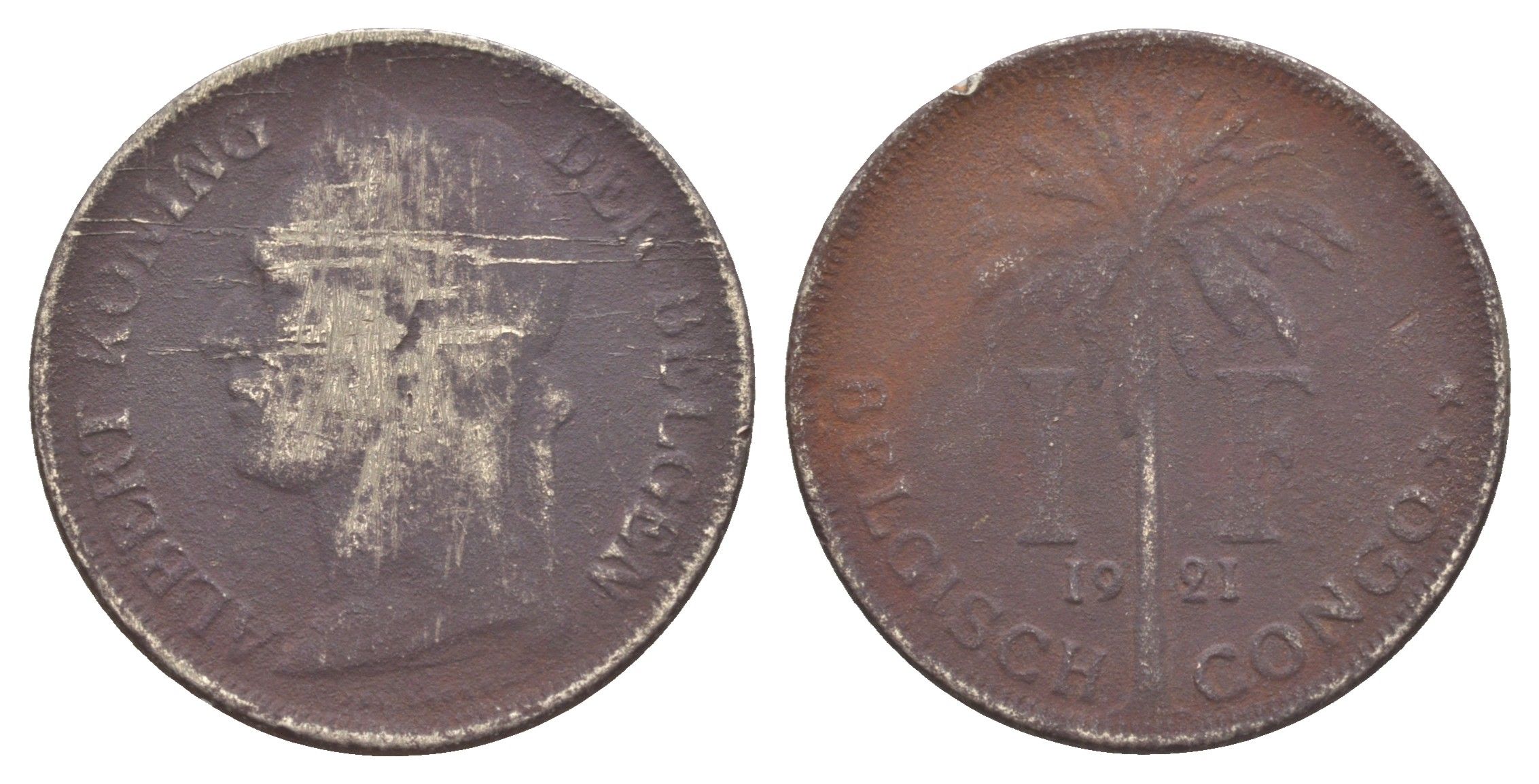 Бельгийское Конго 1 франк 1921 Надпись на голландском - 'ALBERT KONING DER BELGEN' KM 21 медно-никель 4650-435