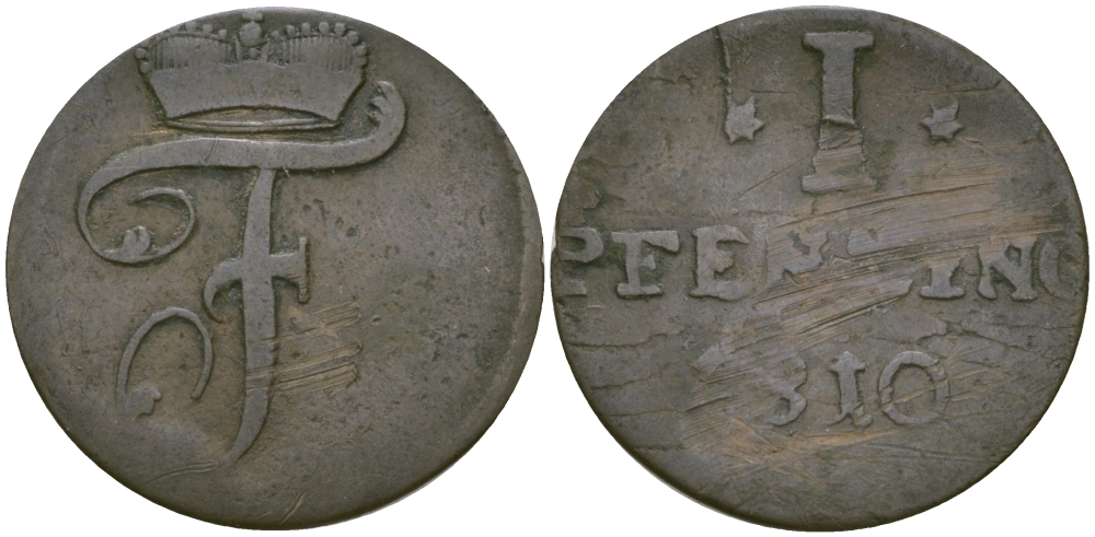 Вальдек-Пирмонт 1 пфенниг 1810 FW, монограмма F KM 42b медь 99-769