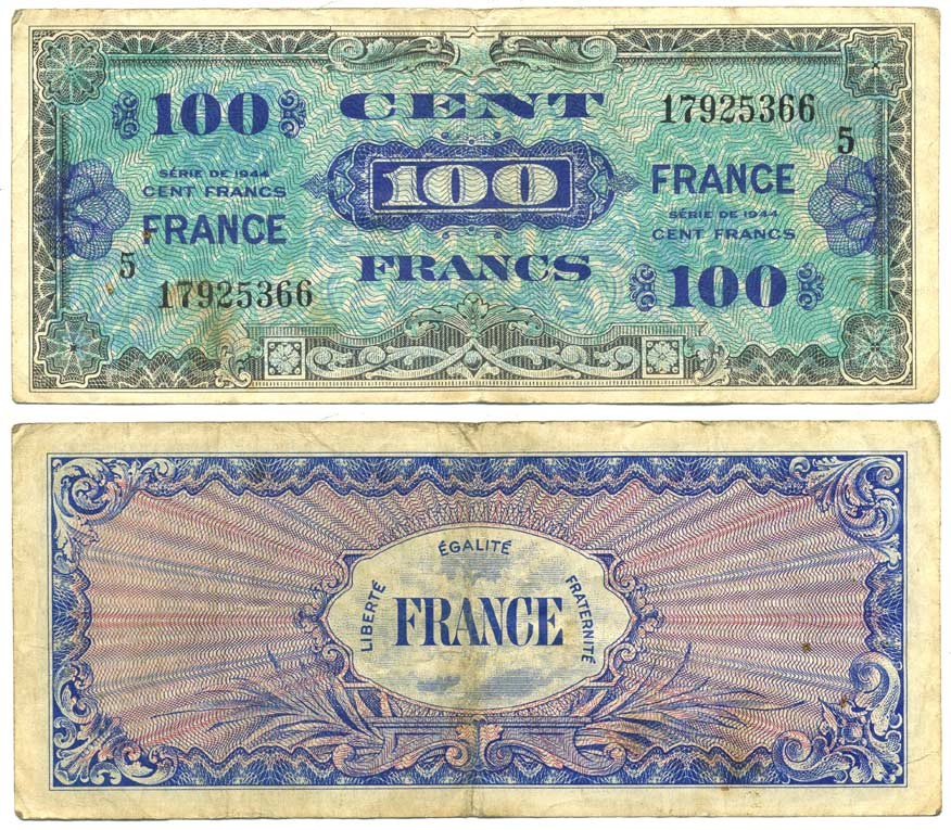 Франция 100 франков 1944 военный выпуск Pick 123 с бумага 6299-2-1
