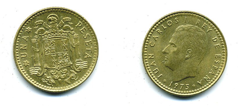 Испания 1 песета 1975 (79) Хуан Карлос I (1975-2014) KM 806 алюминиевая бронза 54-562