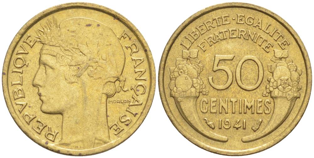 ФРАНЦИЯ 50 САНТИМОВ 1941 ТИП MORLON KM 894.1, LE FRANC 192.18 алюминиевая бронза 44-532