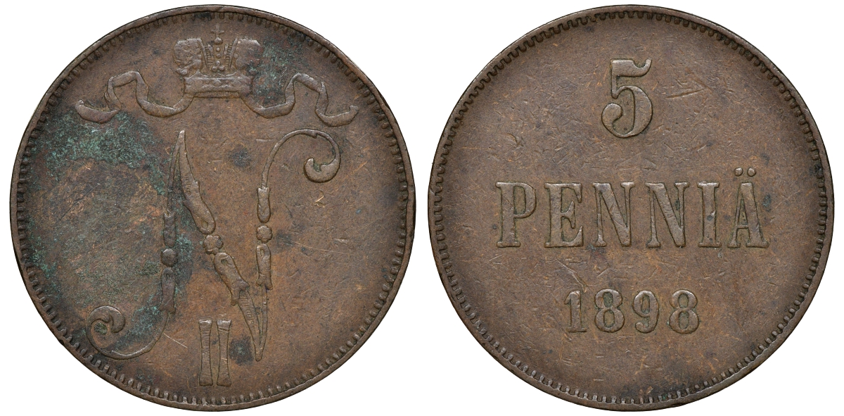 Россия для Финляндии 5 пенни 1898 Николай II (1894-1917) KM 15, Биткин 443 медь 51-731