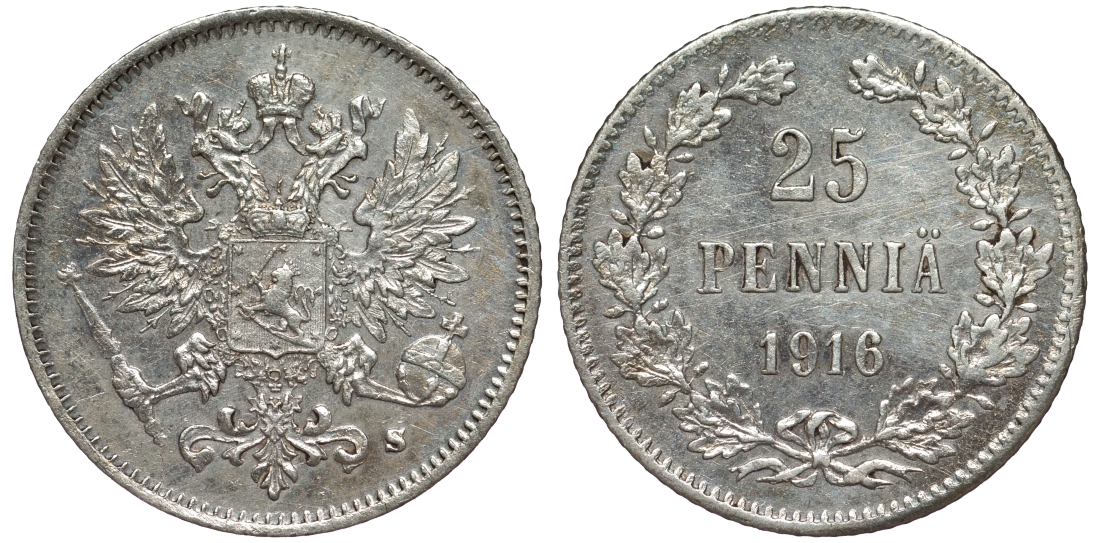 Россия для Финляндии 25 пенни 1916 S, Николай II (1894-1917) KM 6.2, Биткин 421 серебро 75-1338